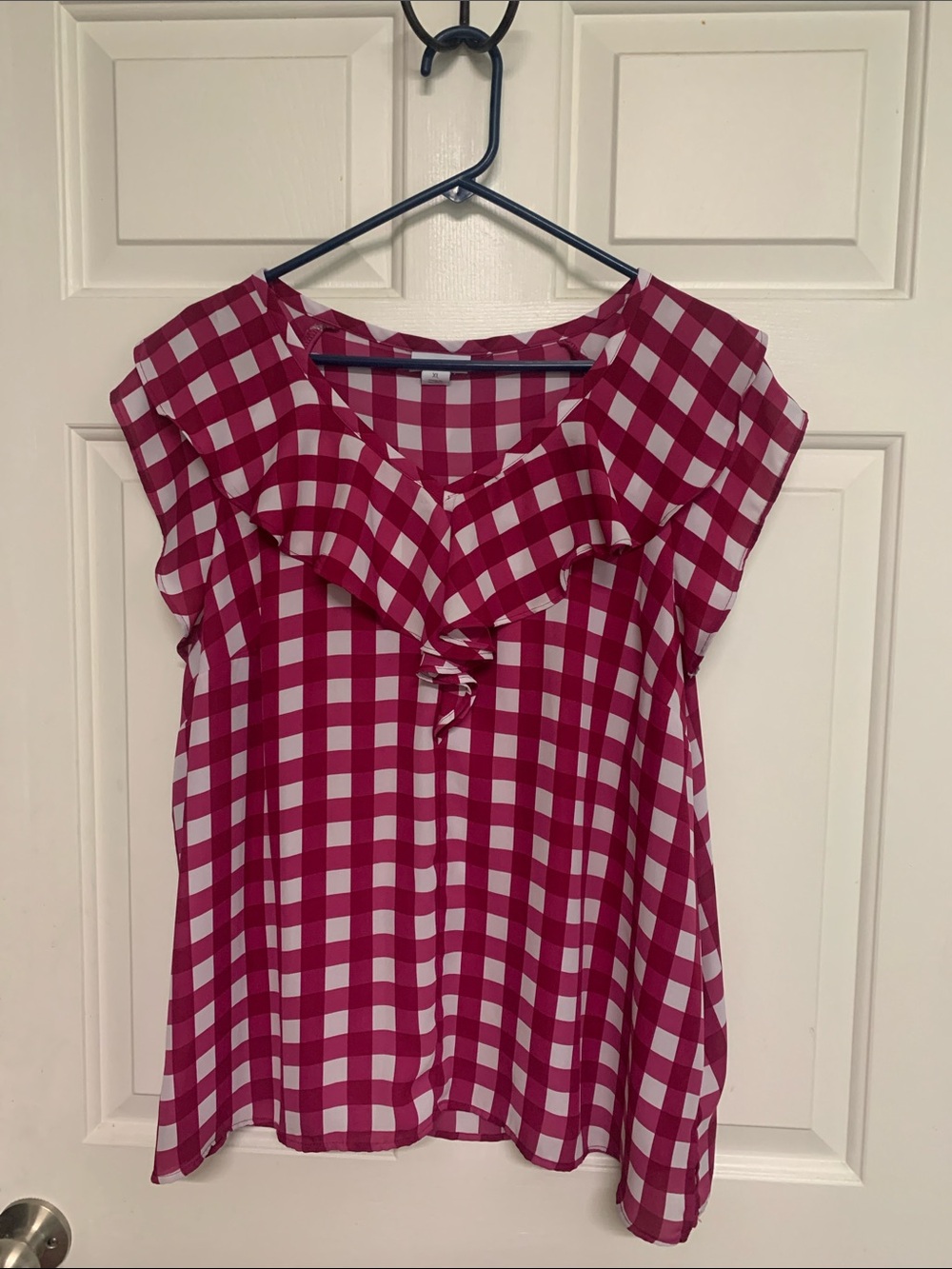 Liz Claiborne Fuchsia and White Gingham Ruffle Neck Blouse Size XL